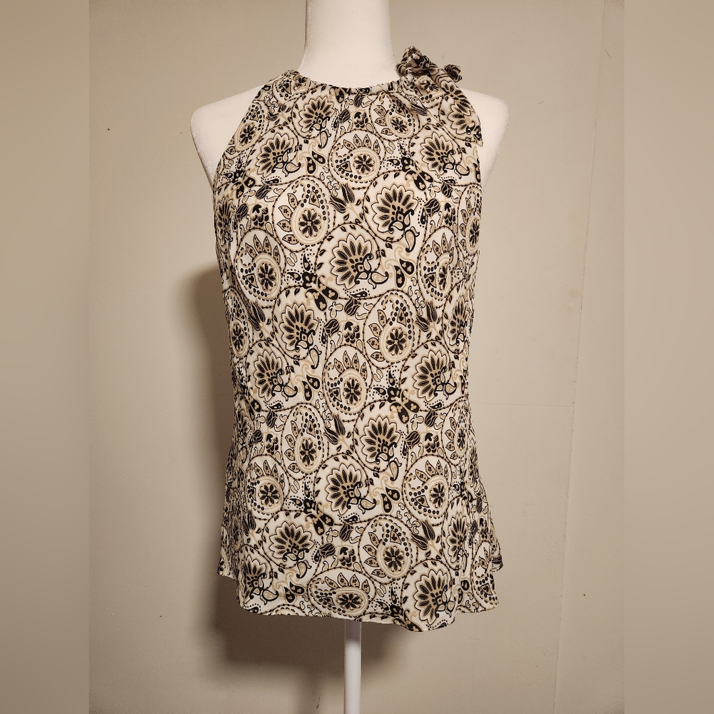Ann Taylor Silk Size 10 Cream Tan And Black Paisley Tie Halter Top Tank EUC